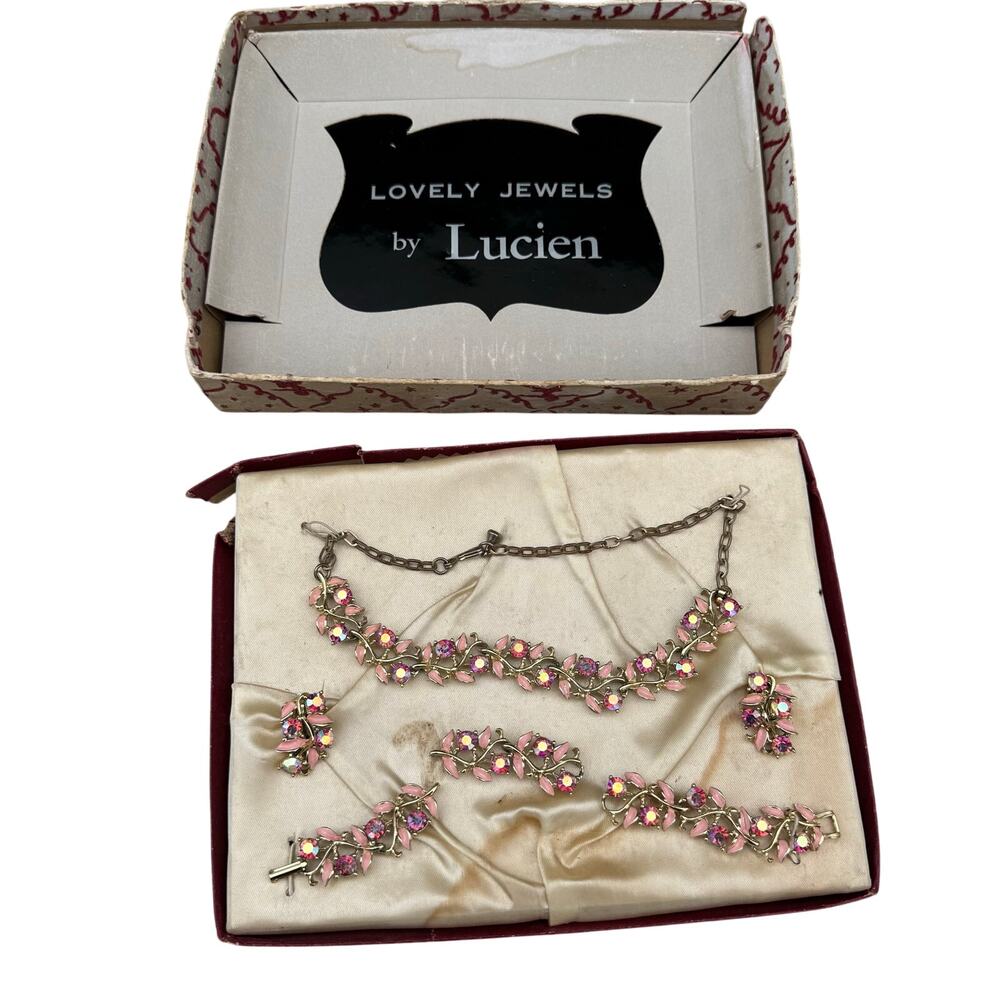 VTG Lucien Piccard? 50’s pink Enamel Rhinestone necklace earrings Bracelet READ
